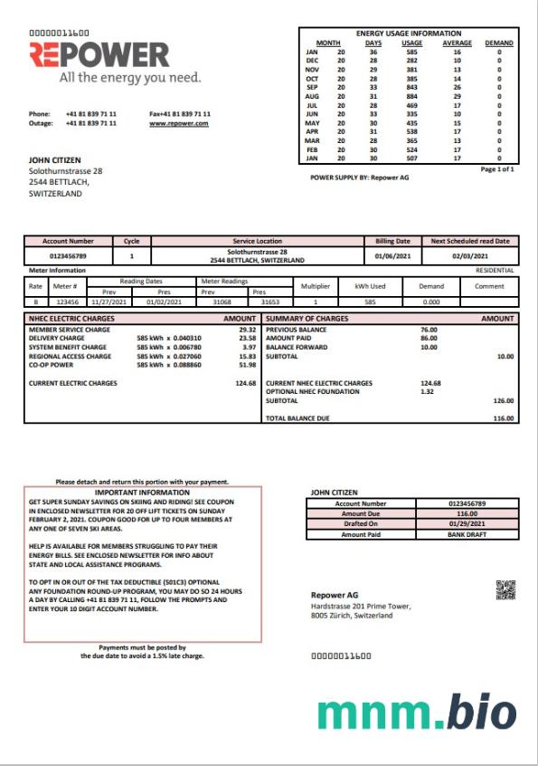 Szablon rachunku za media Switzerland Repower AG, w pełni edytowalny w formacie Word i PDF